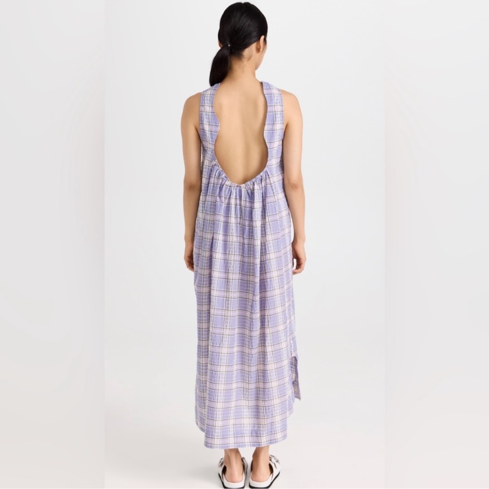 GANNI Seersucker Check Maxi Dress In Check Persian Violet, Size 36 - Picture 3 of 9